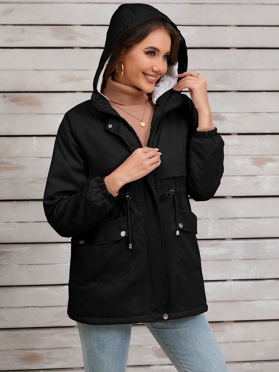 Drawstring Long Sleeve Hooded Jacket - MARIGOLD