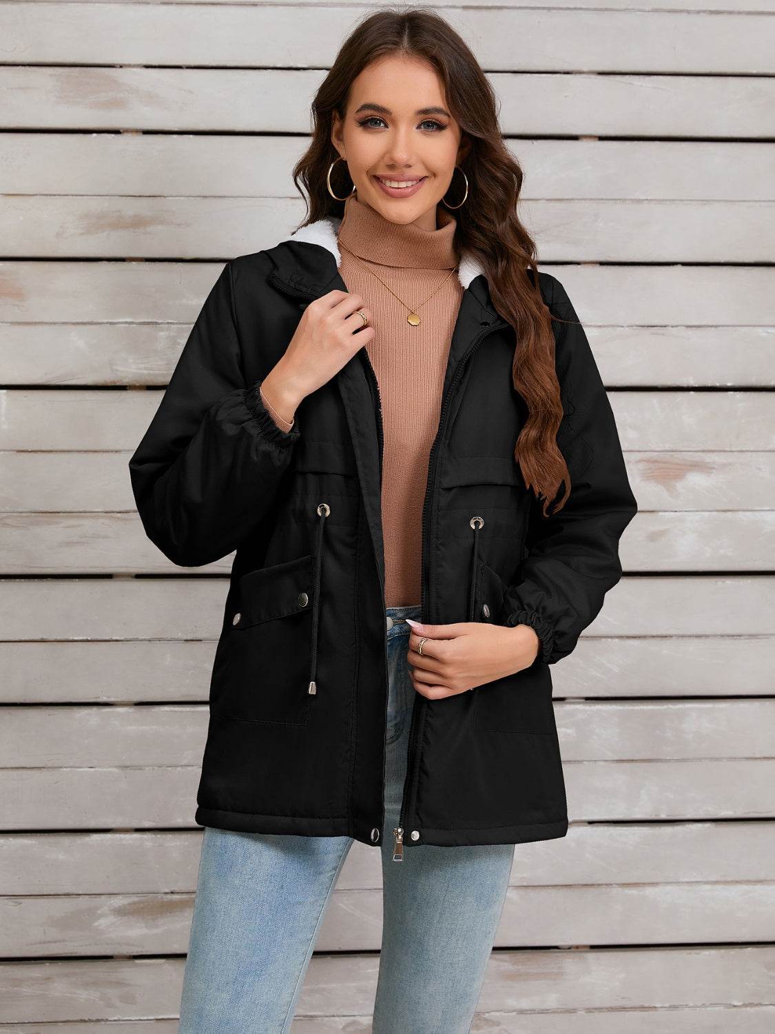 Drawstring Long Sleeve Hooded Jacket - MARIGOLD