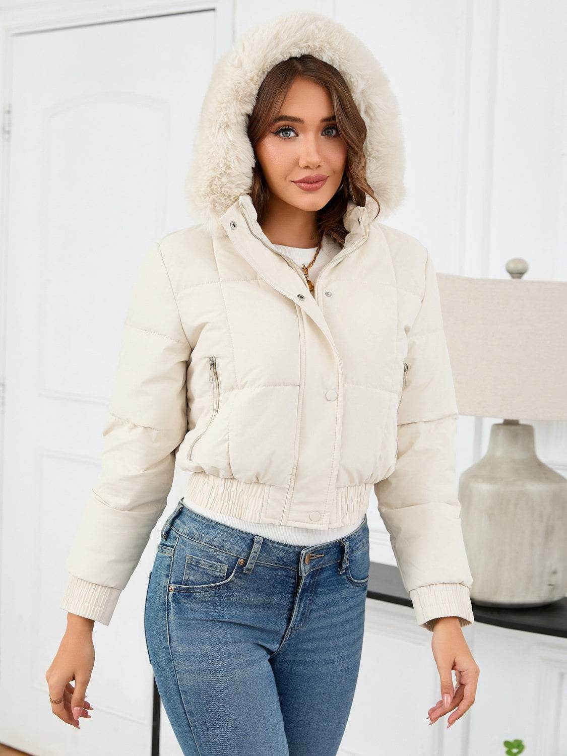 Cropped Hooded Winter Coat with Long Sleeves and Pockets - MARIGOLD