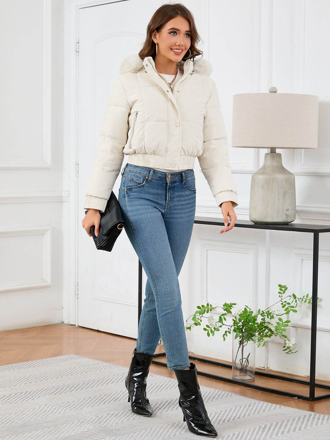 Cropped Hooded Winter Coat with Long Sleeves and Pockets - MARIGOLD