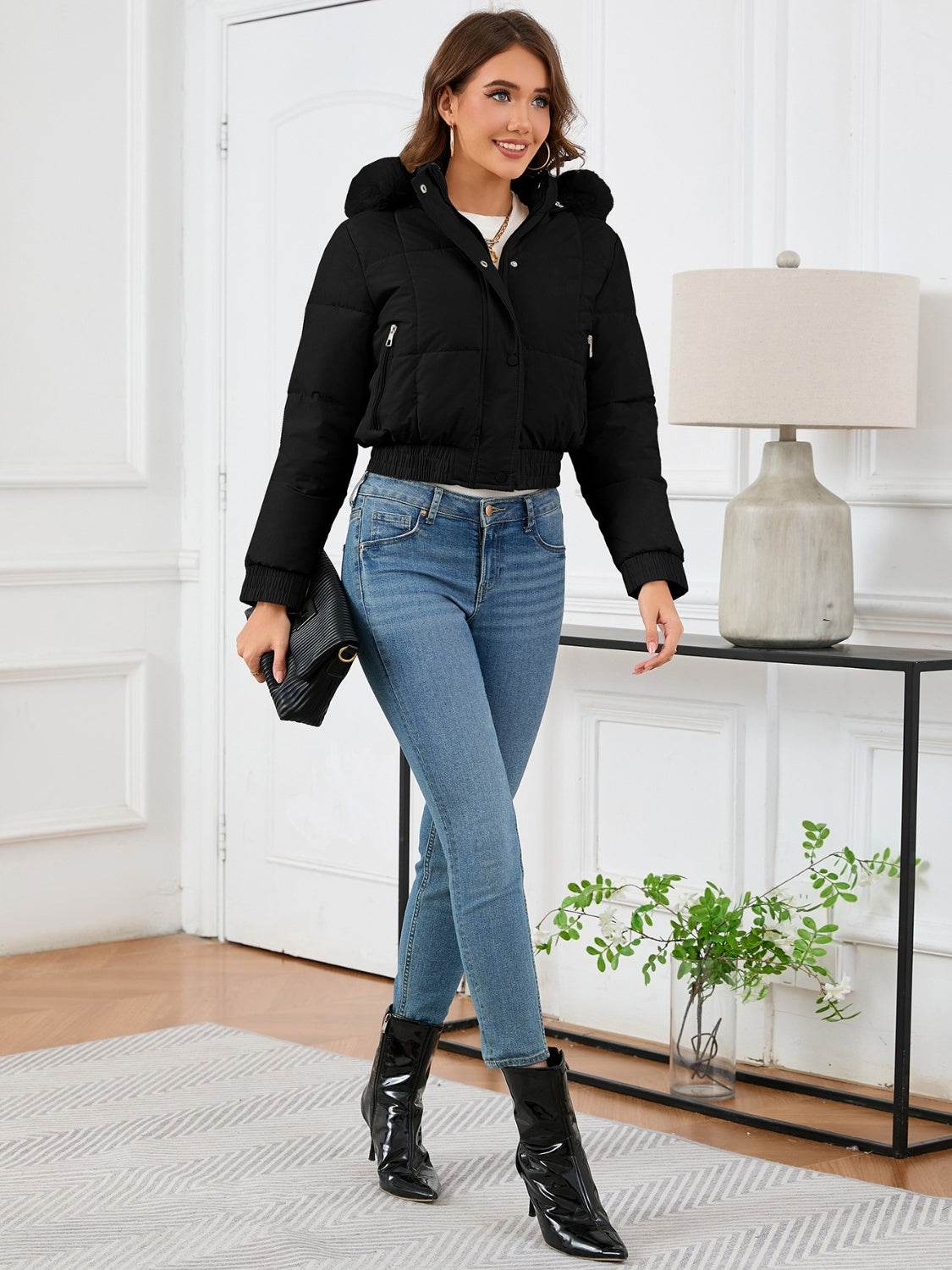 Cropped Hooded Winter Coat with Long Sleeves and Pockets - MARIGOLD