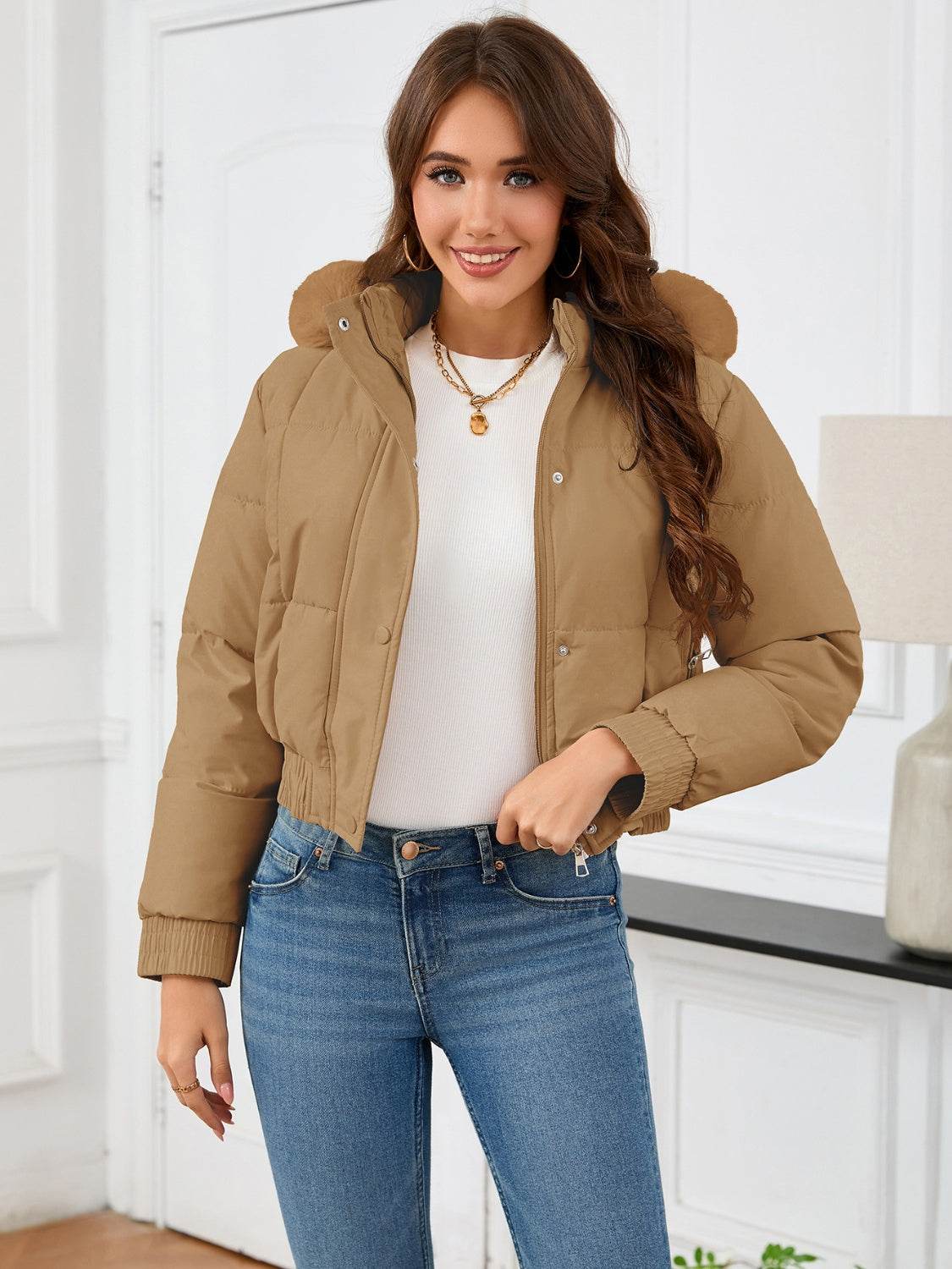 Cropped Hooded Winter Coat with Long Sleeves and Pockets - MARIGOLD