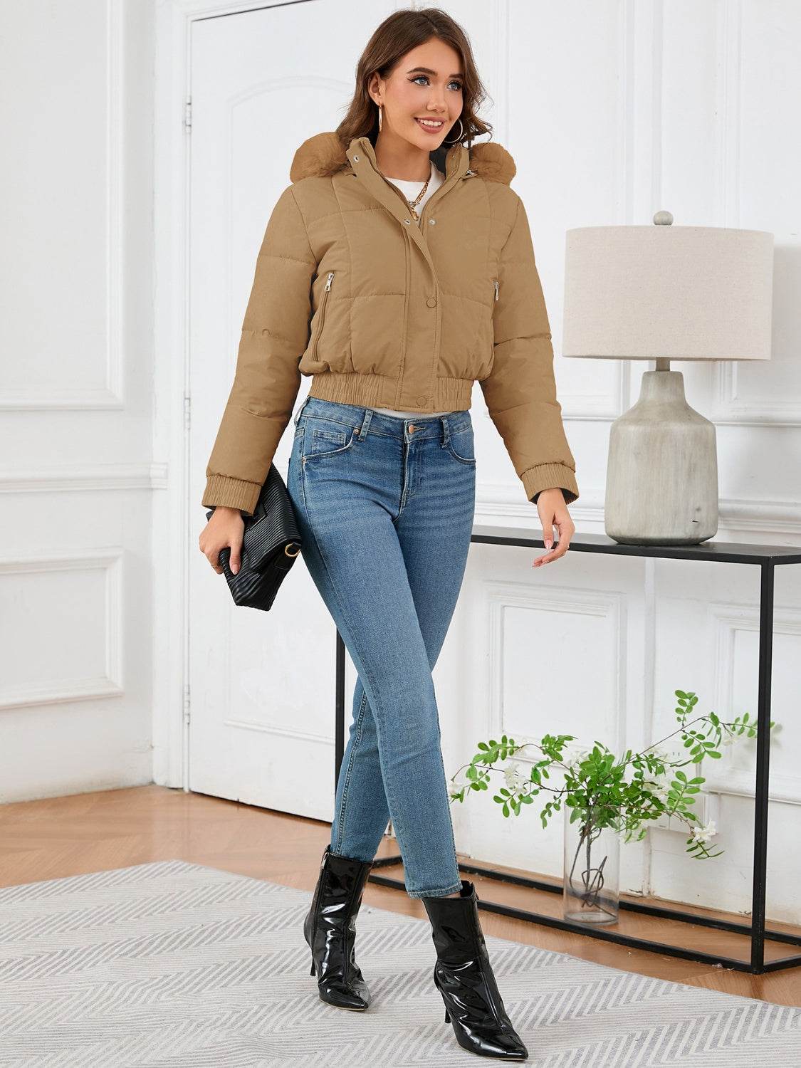 Cropped Hooded Winter Coat with Long Sleeves and Pockets - MARIGOLD
