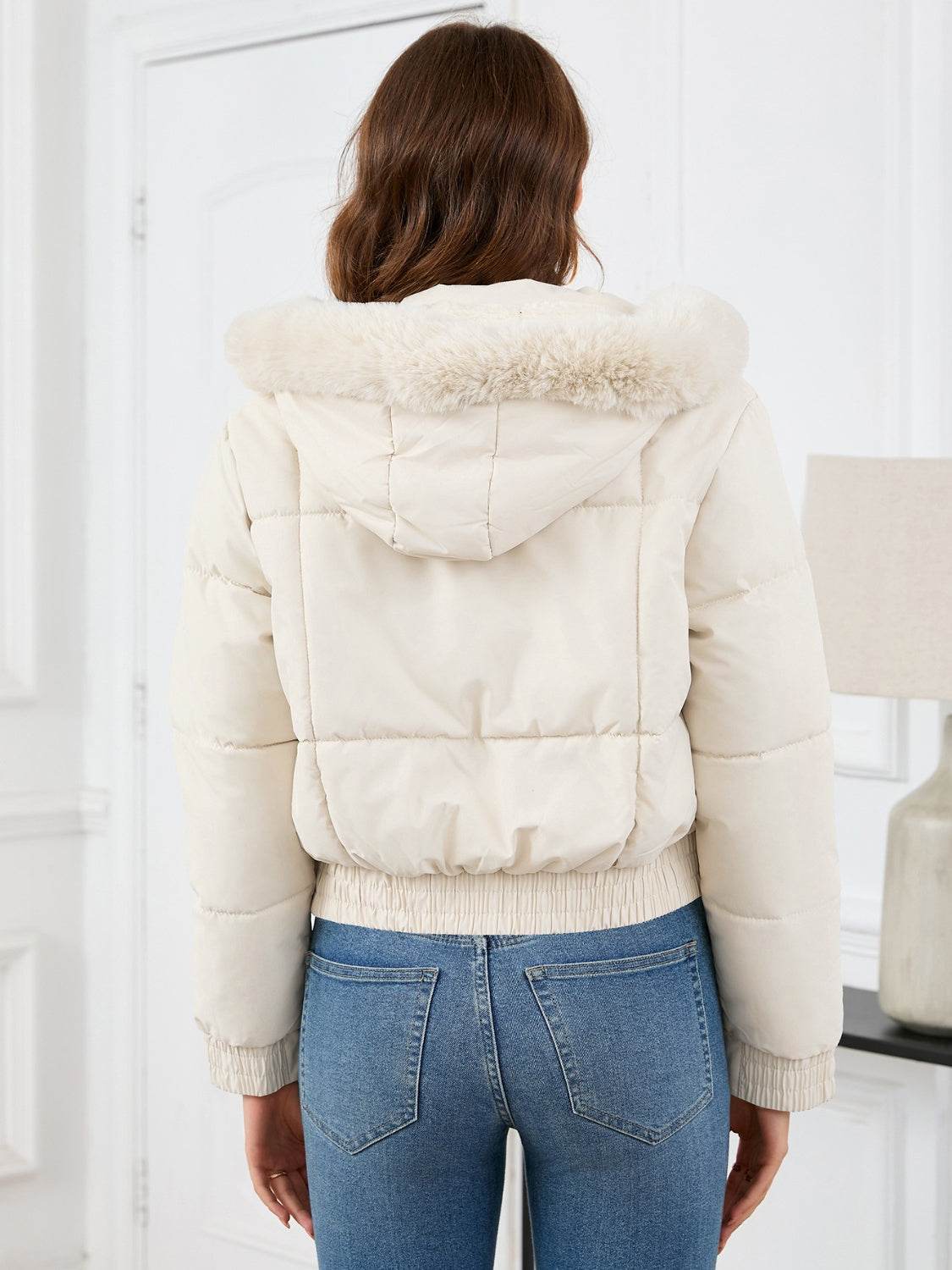 Cropped Hooded Winter Coat with Long Sleeves and Pockets - MARIGOLD