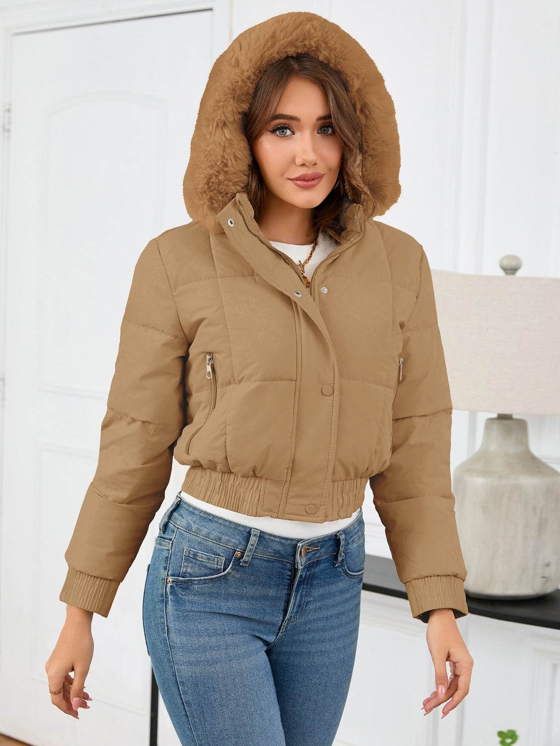 Cropped Hooded Winter Coat with Long Sleeves and Pockets - MARIGOLD