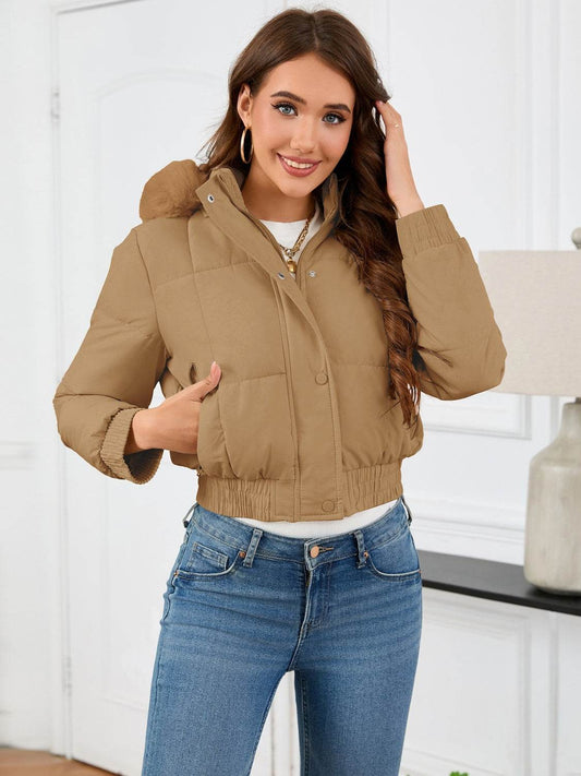 Cropped Hooded Winter Coat with Long Sleeves and Pockets - MARIGOLD