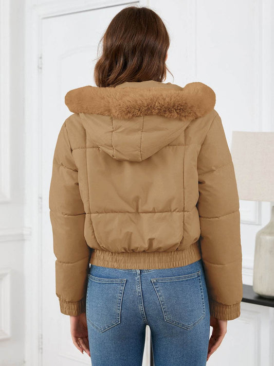 Cropped Hooded Winter Coat with Long Sleeves and Pockets - MARIGOLD