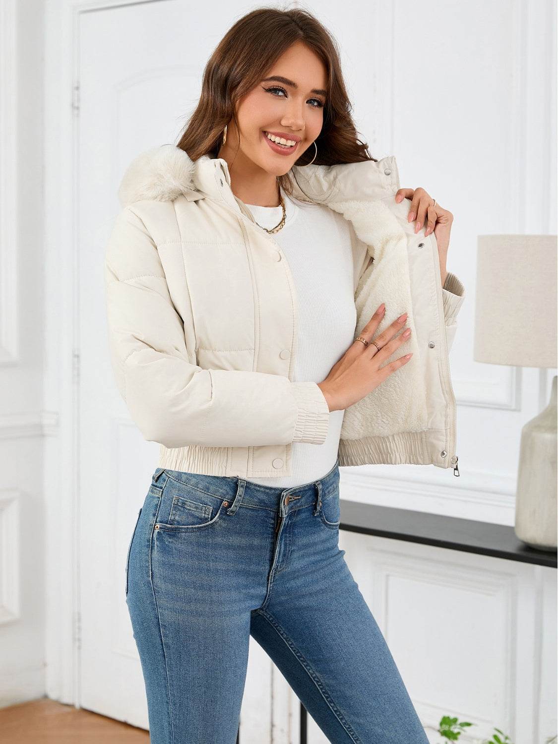 Cropped Hooded Winter Coat with Long Sleeves and Pockets - MARIGOLD