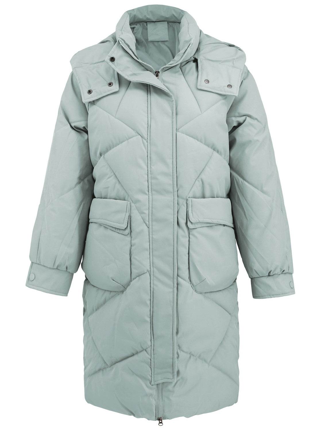 Hooded Longline Winter Coat with Long Sleeves and Pockets - MARIGOLD