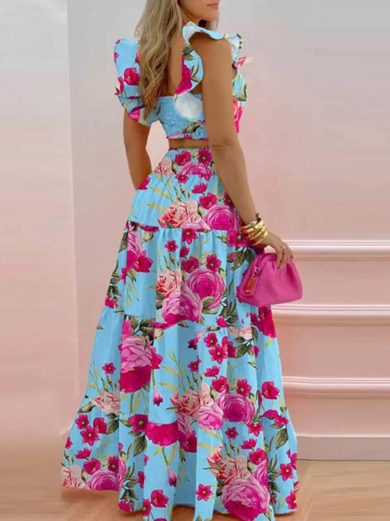 Flutter Sleeve Crop Top and Tiered Maxi Skirt Set - MARIGOLD