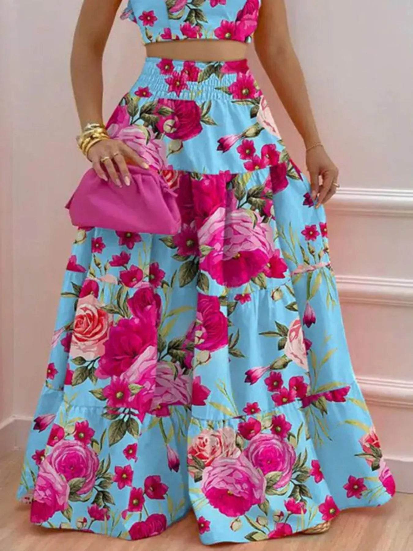 Flutter Sleeve Crop Top and Tiered Maxi Skirt Set - MARIGOLD