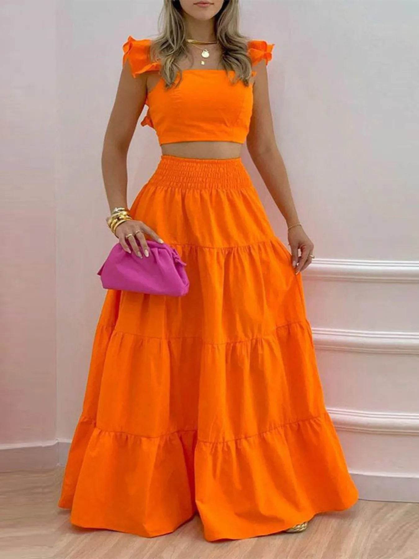 Flutter Sleeve Crop Top and Tiered Maxi Skirt Set - MARIGOLD