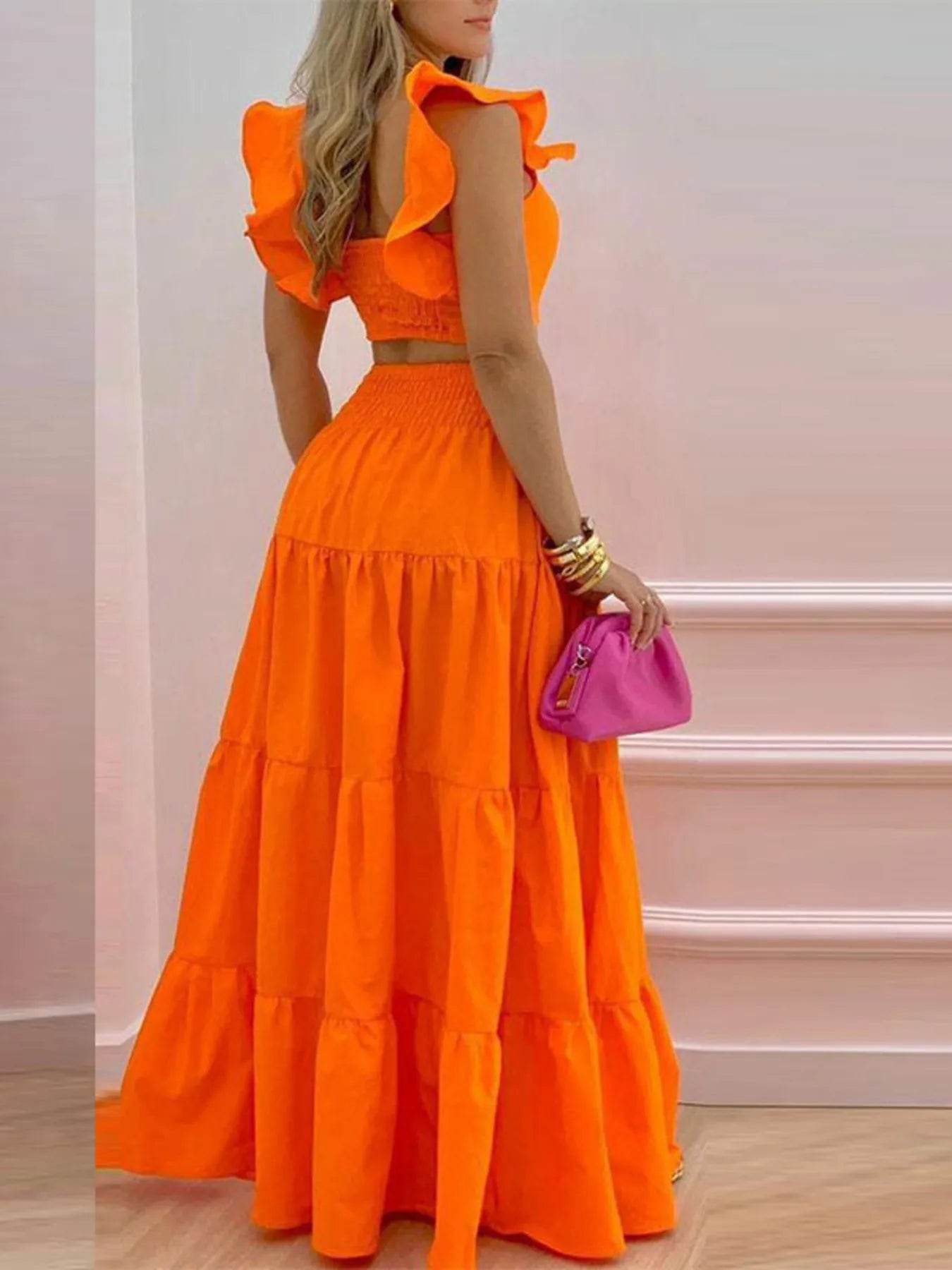 Flutter Sleeve Crop Top and Tiered Maxi Skirt Set - MARIGOLD