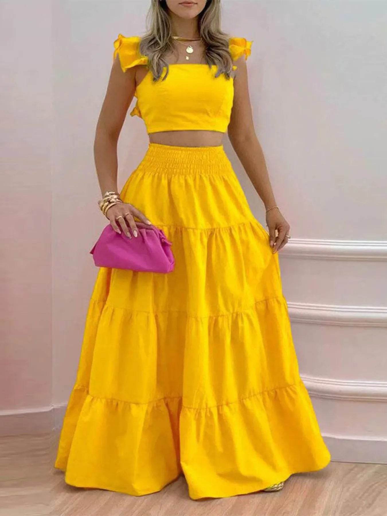 Flutter Sleeve Crop Top and Tiered Maxi Skirt Set - MARIGOLD