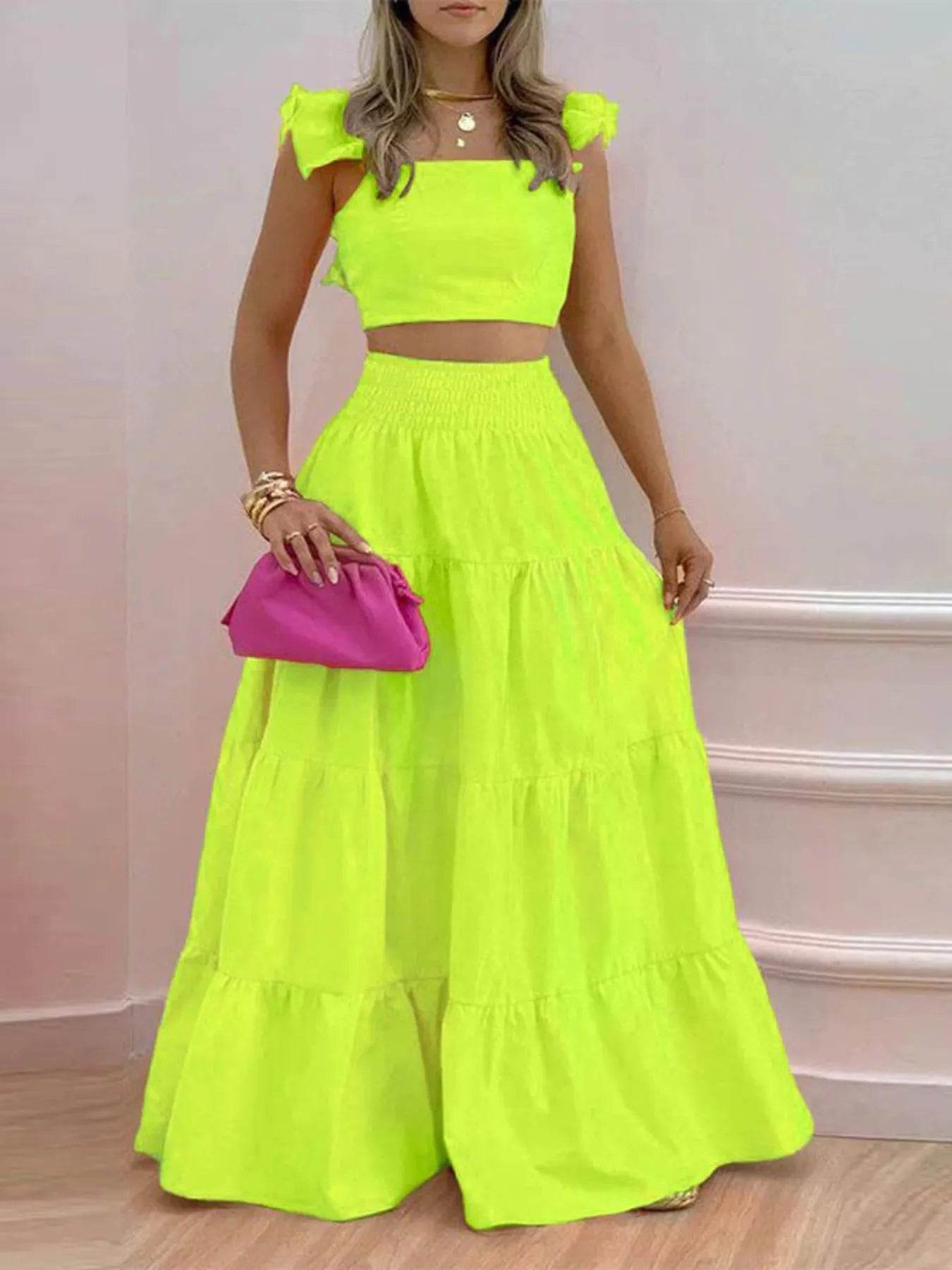 Flutter Sleeve Crop Top and Tiered Maxi Skirt Set - MARIGOLD