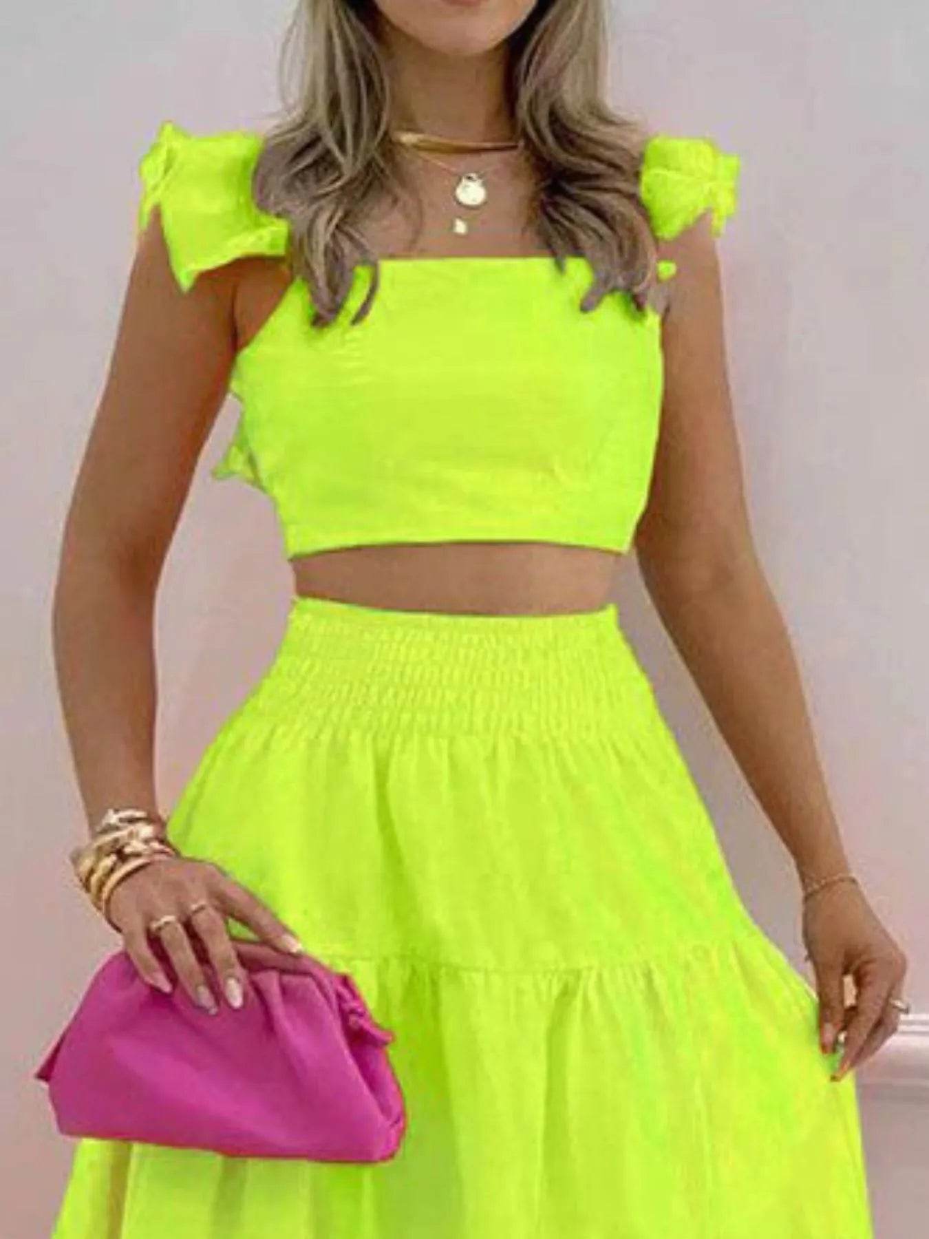 Flutter Sleeve Crop Top and Tiered Maxi Skirt Set - MARIGOLD