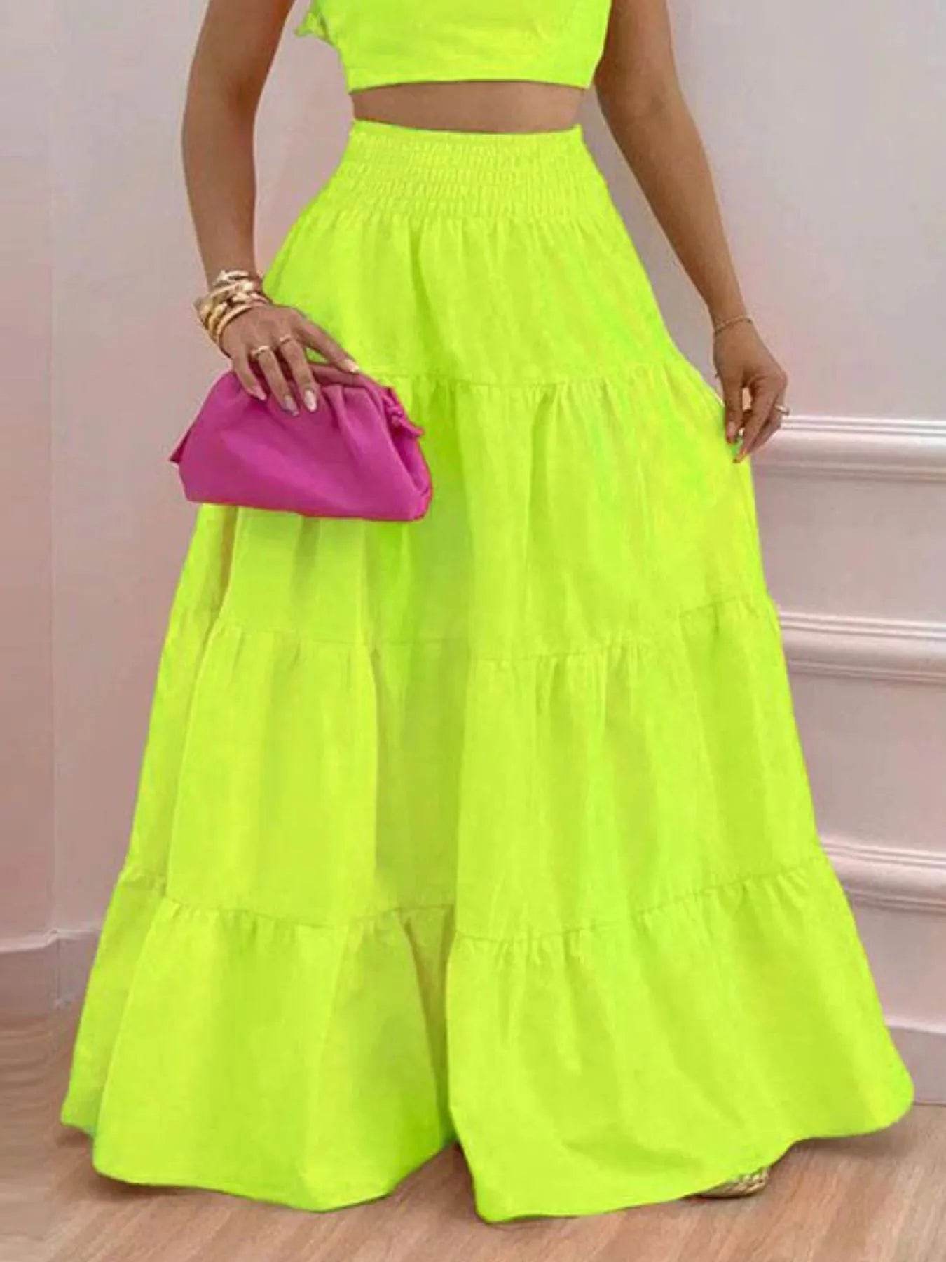 Flutter Sleeve Crop Top and Tiered Maxi Skirt Set - MARIGOLD