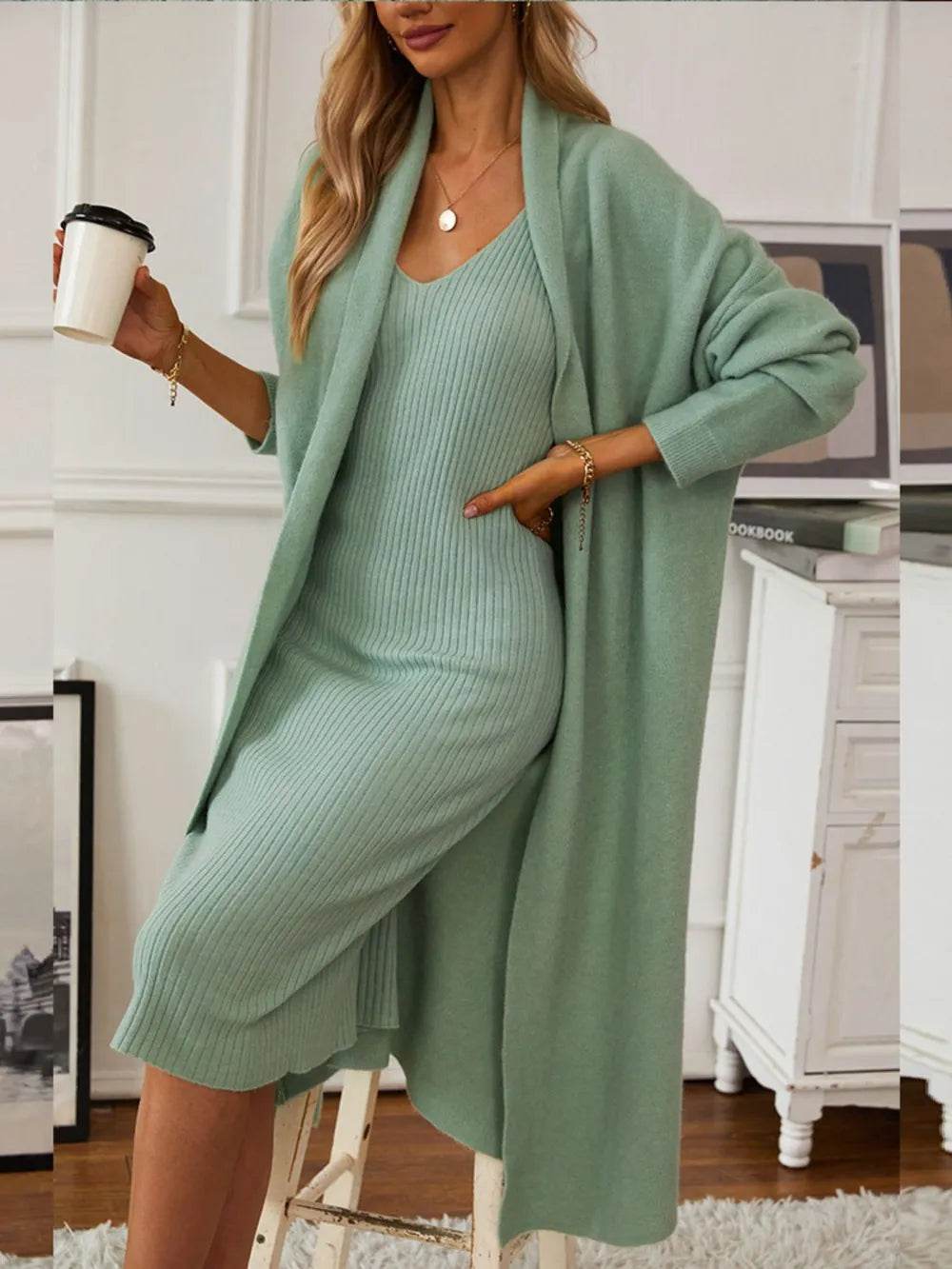 V-Neck Cami Dress and Open Front Cardigan Sweater Set - MARIGOLD