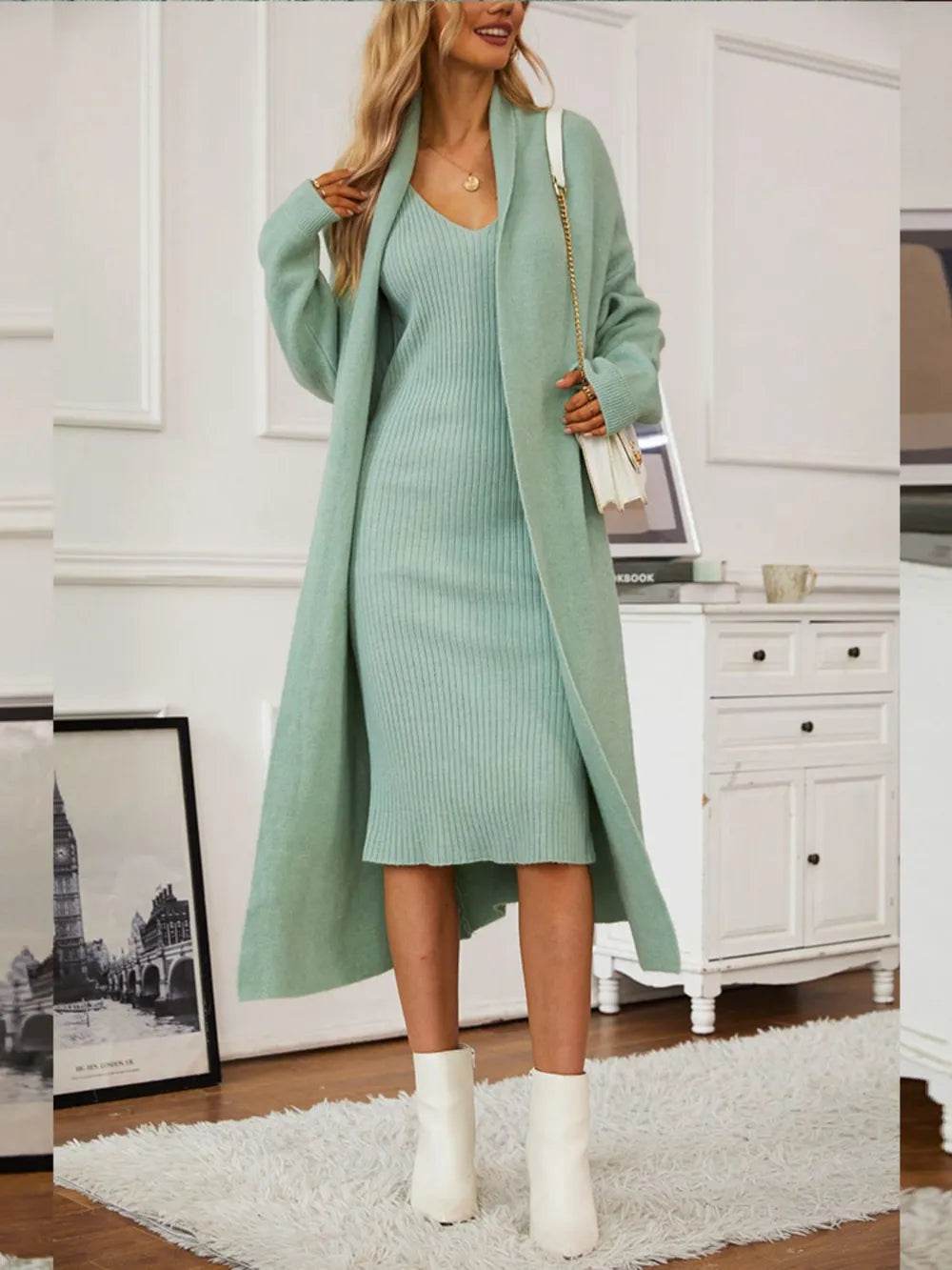 V-Neck Cami Dress and Open Front Cardigan Sweater Set - MARIGOLD