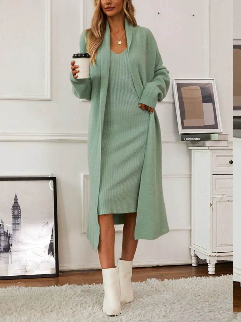 V-Neck Cami Dress and Open Front Cardigan Sweater Set - MARIGOLD