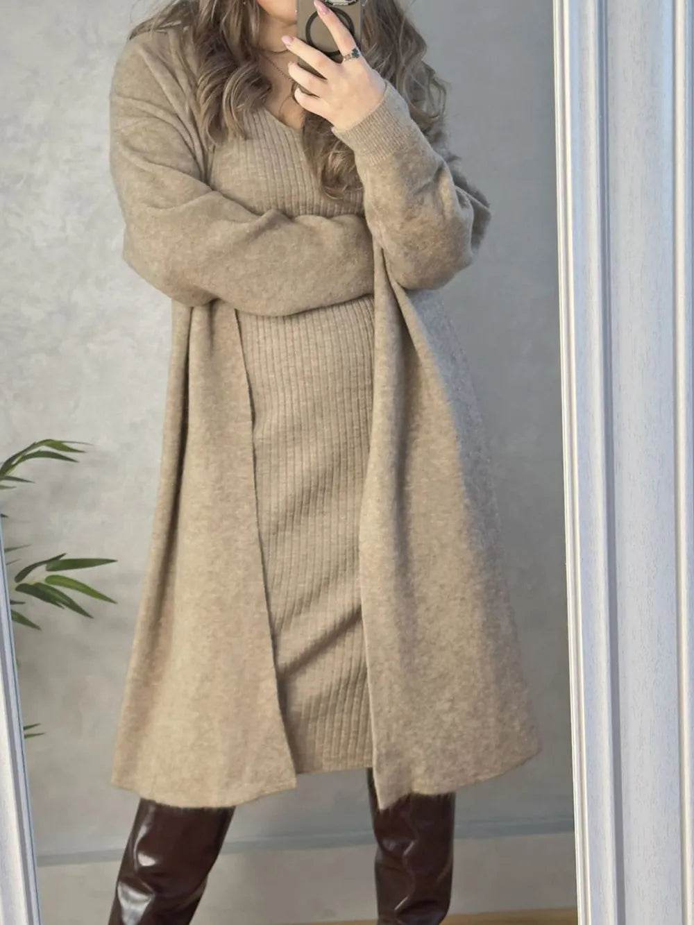 V-Neck Cami Dress and Open Front Cardigan Sweater Set - MARIGOLD