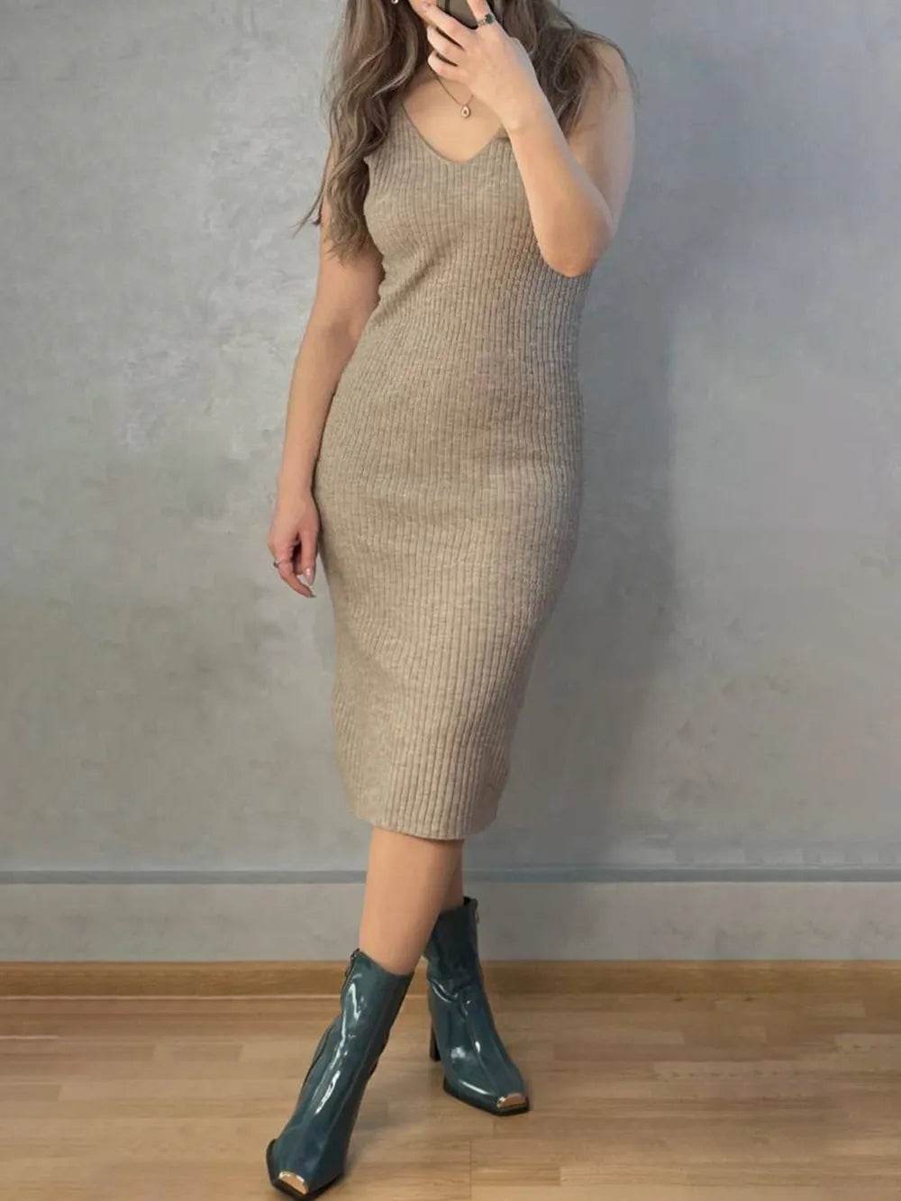 V-Neck Cami Dress and Open Front Cardigan Sweater Set - MARIGOLD