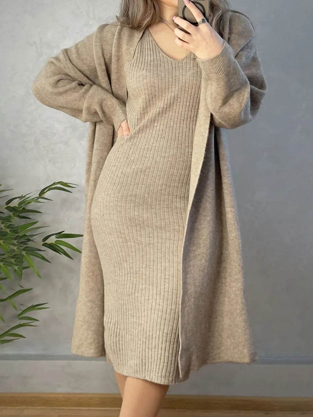 V-Neck Cami Dress and Open Front Cardigan Sweater Set - MARIGOLD