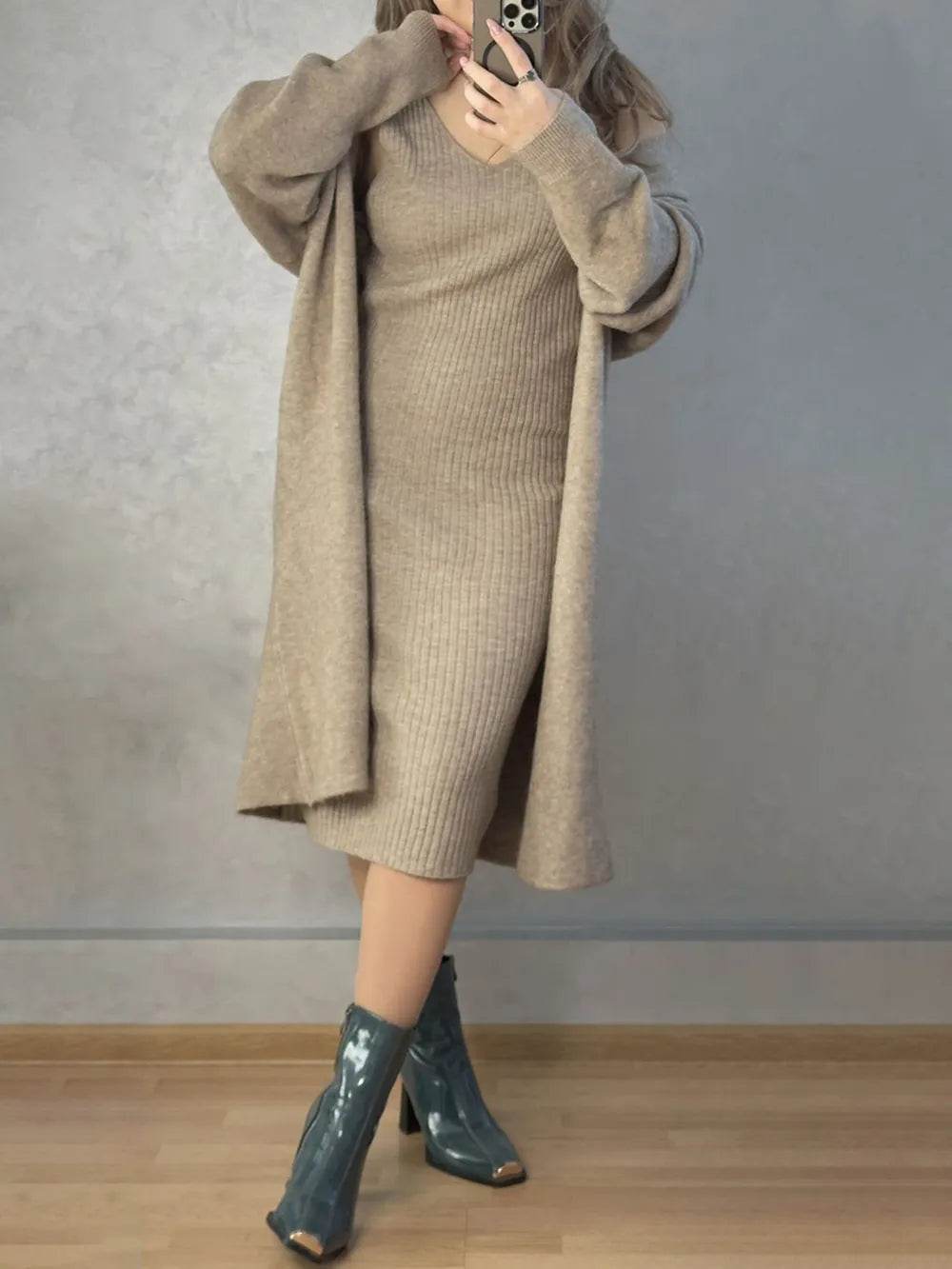 V-Neck Cami Dress and Open Front Cardigan Sweater Set - MARIGOLD