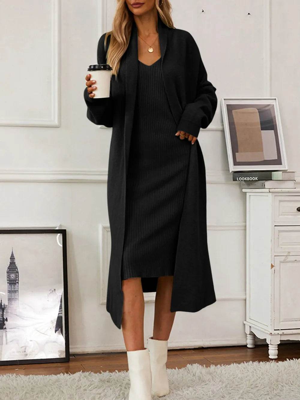V-Neck Cami Dress and Open Front Cardigan Sweater Set - MARIGOLD