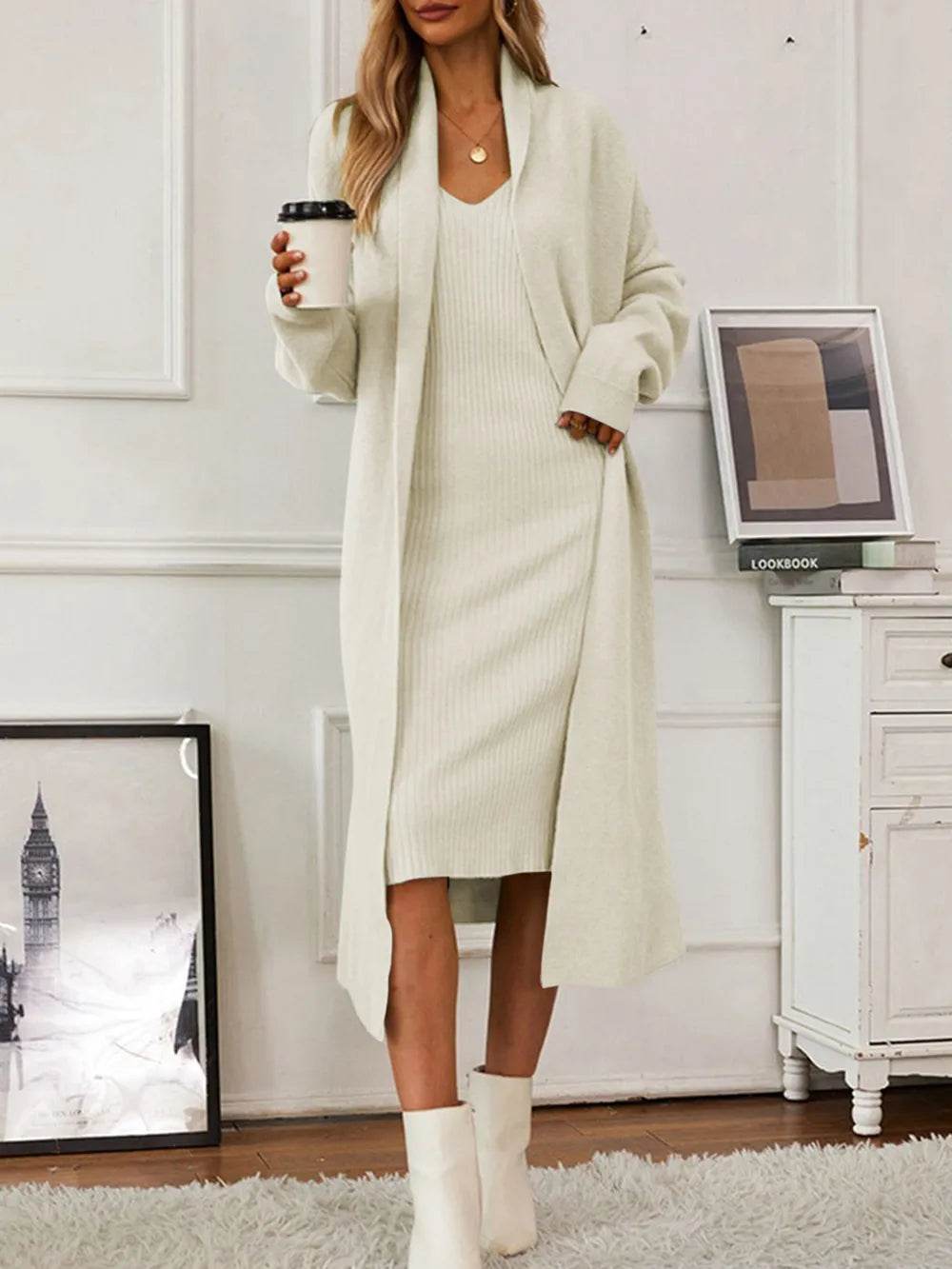 V-Neck Cami Dress and Open Front Cardigan Sweater Set - MARIGOLD
