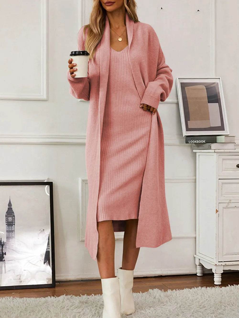 V-Neck Cami Dress and Open Front Cardigan Sweater Set - MARIGOLD
