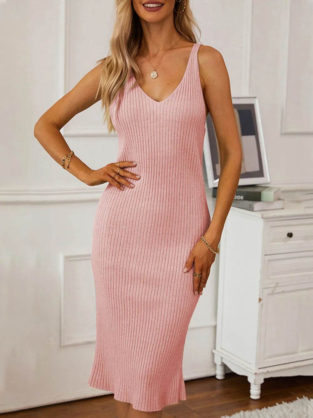 V-Neck Cami Dress and Open Front Cardigan Sweater Set - MARIGOLD