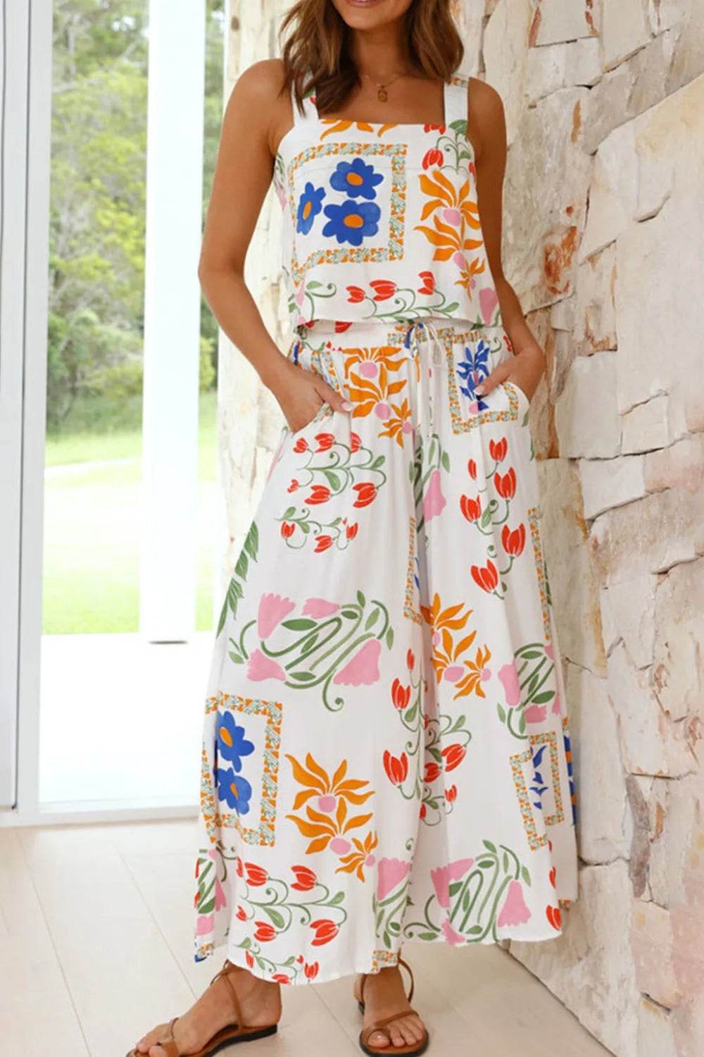 Relaxed Floral Vacation Set: Square Neck Top & Pants - MARIGOLD