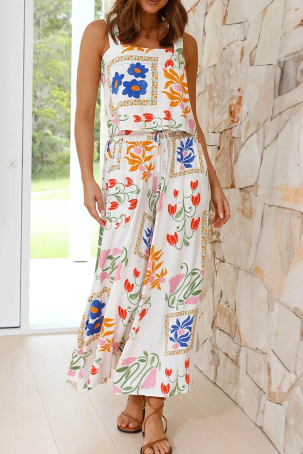 Relaxed Floral Vacation Set: Square Neck Top & Pants - MARIGOLD