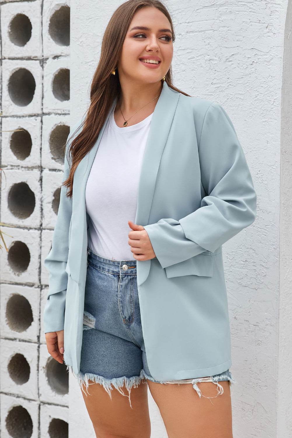 Plus Size Shawl Collar Long Sleeve Blazer - MARIGOLD