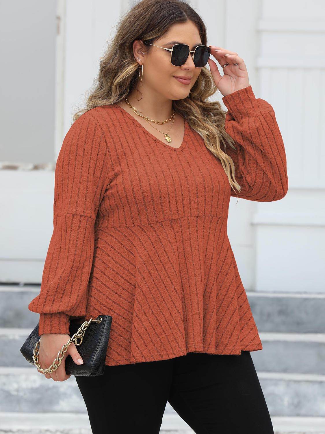 Ribbed V-Neck Long Sleeve Peplum Blouse (Curve) - MARIGOLD
