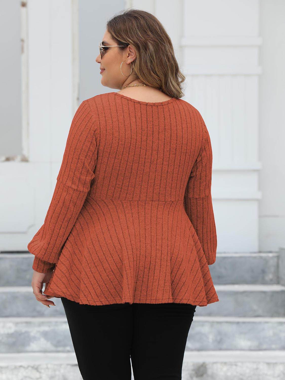Ribbed V-Neck Long Sleeve Peplum Blouse (Curve) - MARIGOLD