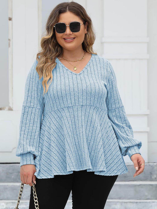 Ribbed V-Neck Long Sleeve Peplum Blouse (Curve) - MARIGOLD
