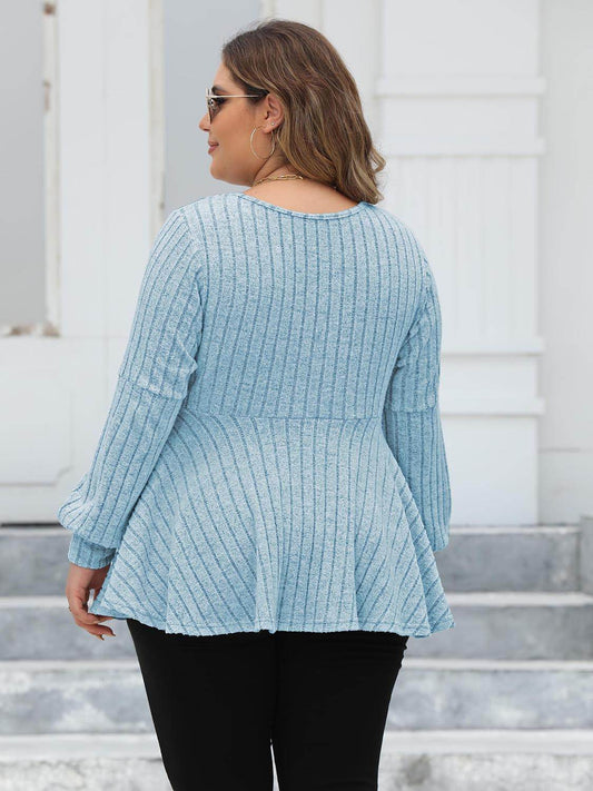 Ribbed V-Neck Long Sleeve Peplum Blouse (Curve) - MARIGOLD