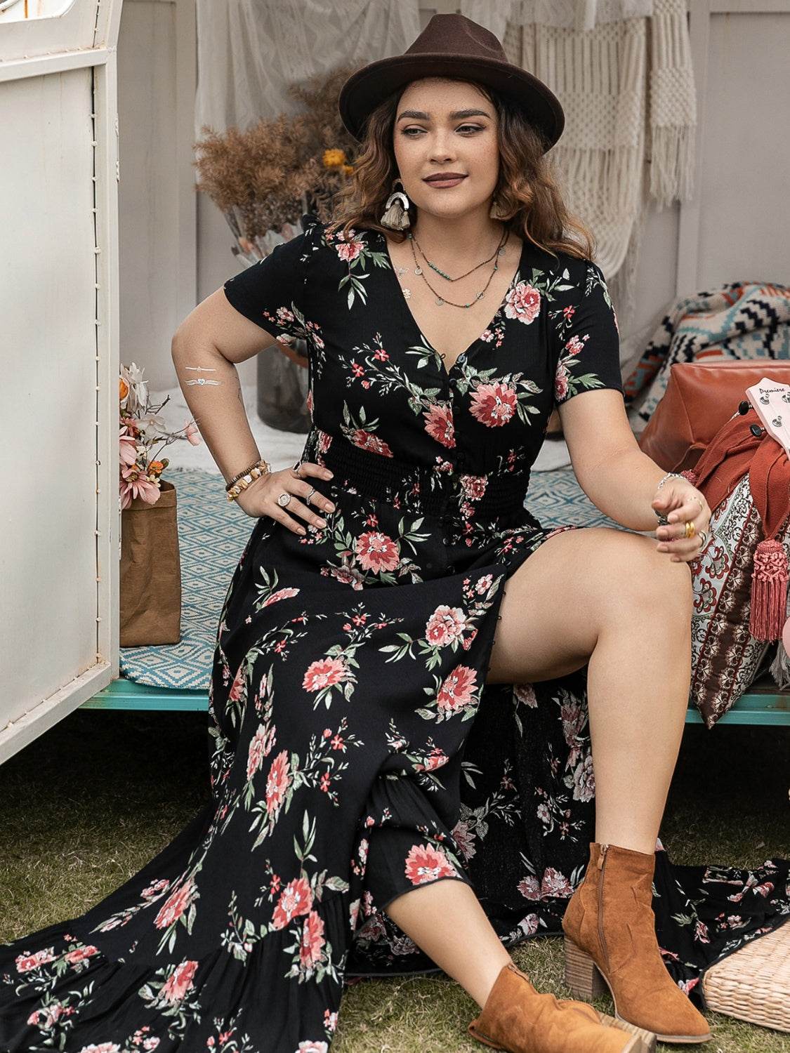 Plus Size Button Detail Printed V-Neck Short Sleeve Maxi Dress - MARIGOLD