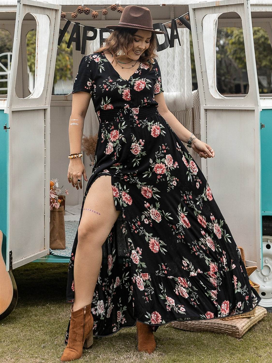 Plus Size Button Detail Printed V-Neck Short Sleeve Maxi Dress - MARIGOLD