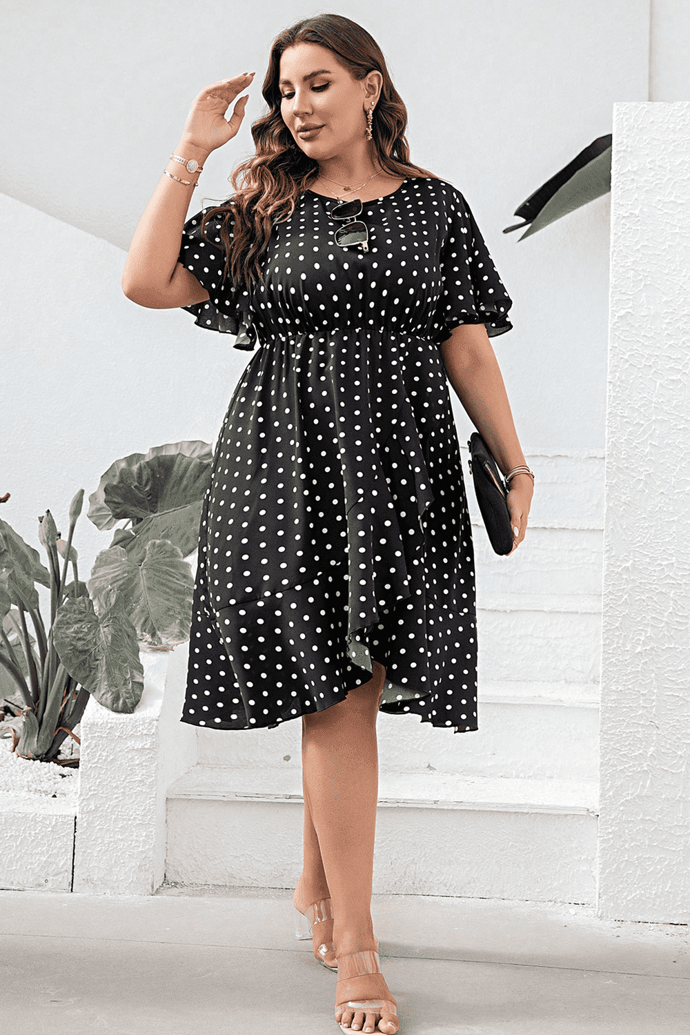 Polka Dot Flutter Sleeve Dress (Curve) - MARIGOLD