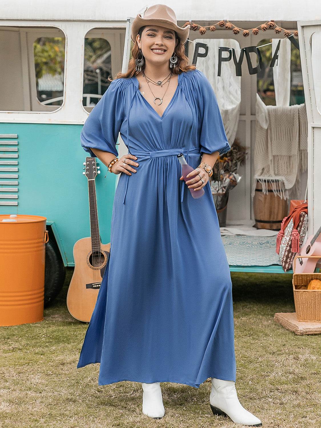Curve Blue Tie Waist Midi Dress with Leg Slit & 3/4 Sleeves - MARIGOLD