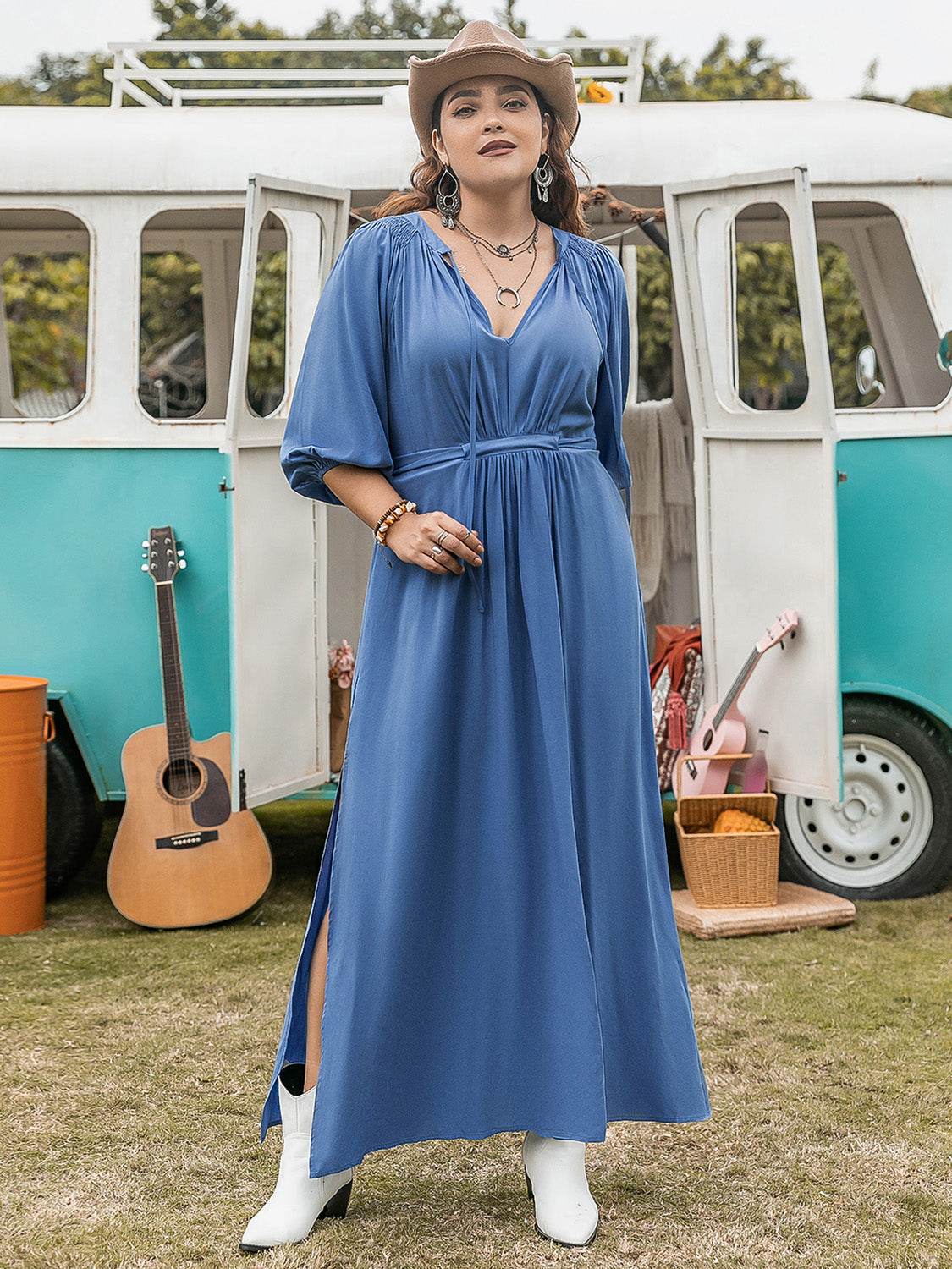 Curve Blue Tie Waist Midi Dress with Leg Slit & 3/4 Sleeves - MARIGOLD