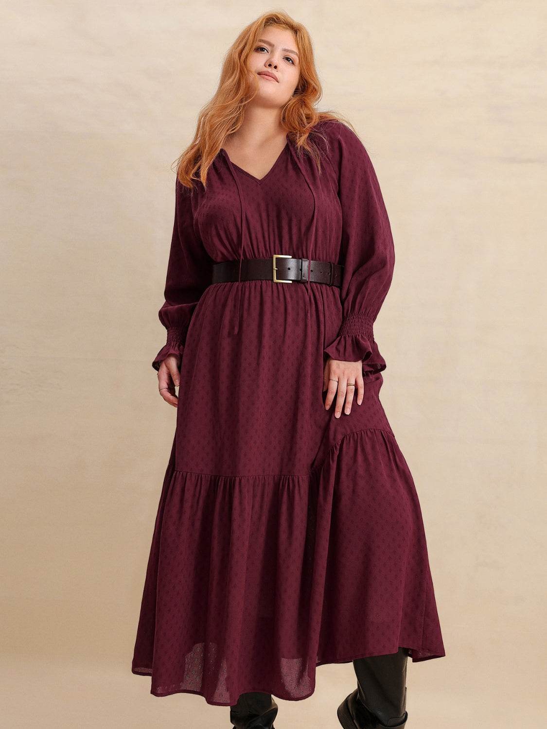 Plus Size Swiss Dot Tie Neck Flounce Sleeve Maxi Dress - MARIGOLD