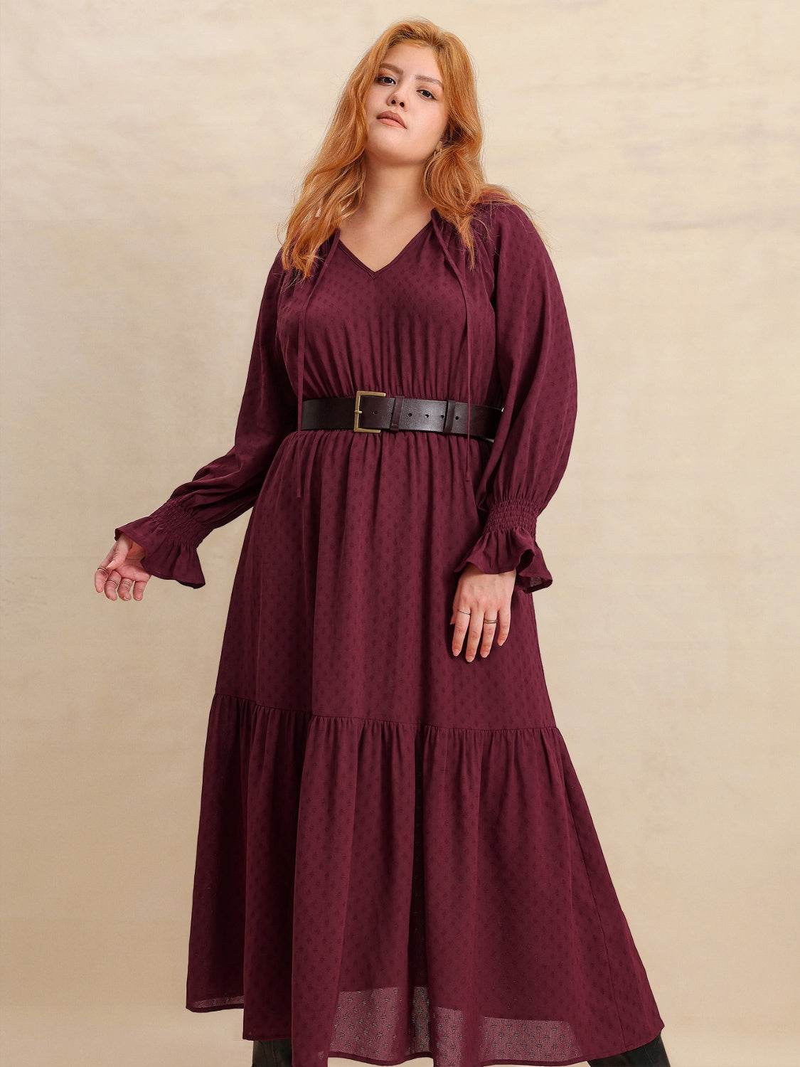 Plus Size Swiss Dot Tie Neck Flounce Sleeve Maxi Dress - MARIGOLD