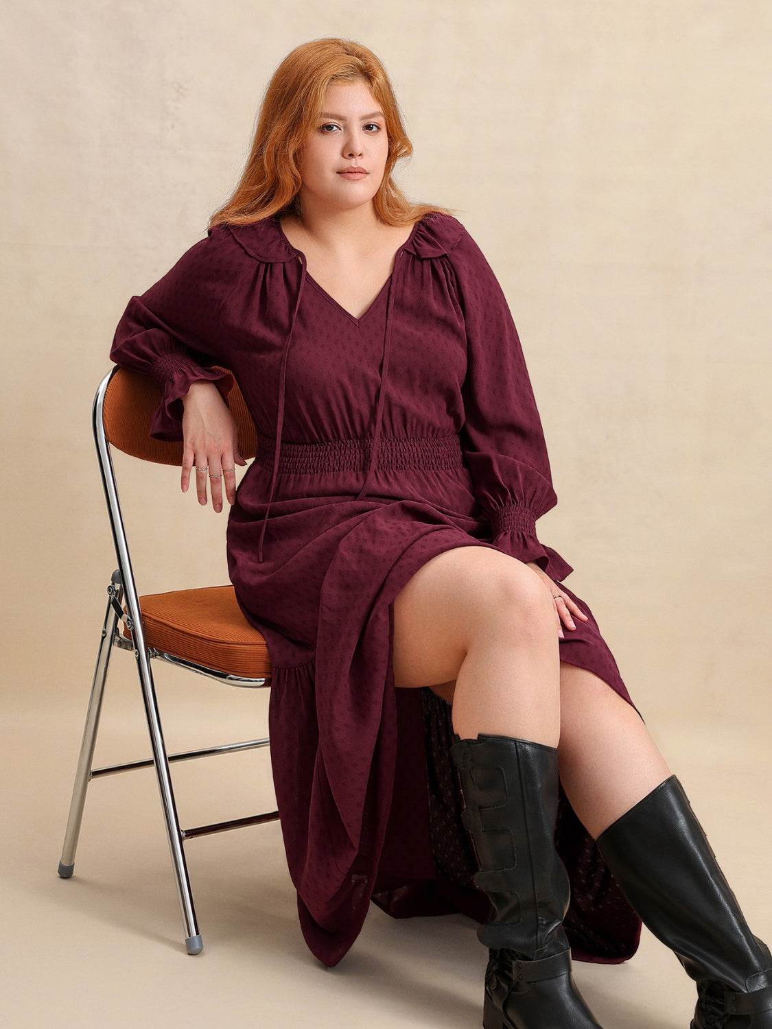 Plus Size Swiss Dot Tie Neck Flounce Sleeve Maxi Dress - MARIGOLD