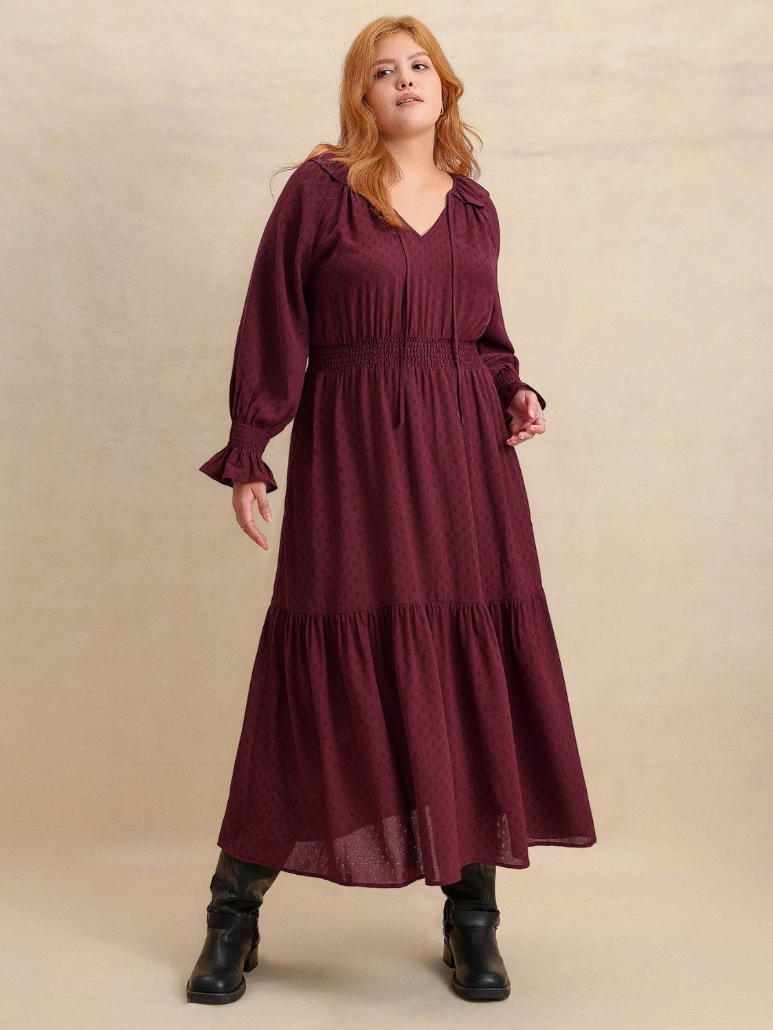 Plus Size Swiss Dot Tie Neck Flounce Sleeve Maxi Dress - MARIGOLD