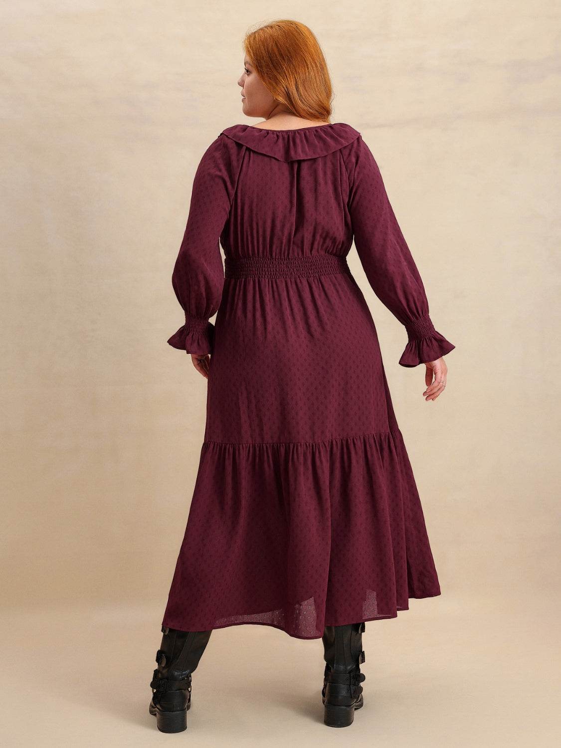 Plus Size Swiss Dot Tie Neck Flounce Sleeve Maxi Dress - MARIGOLD