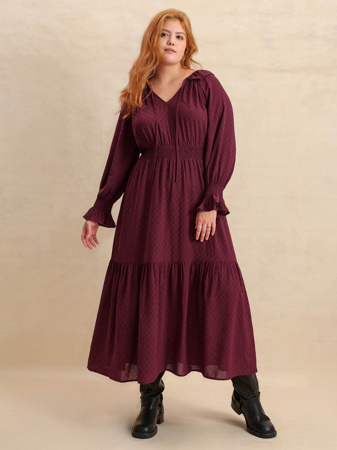 Plus Size Swiss Dot Tie Neck Flounce Sleeve Maxi Dress - MARIGOLD